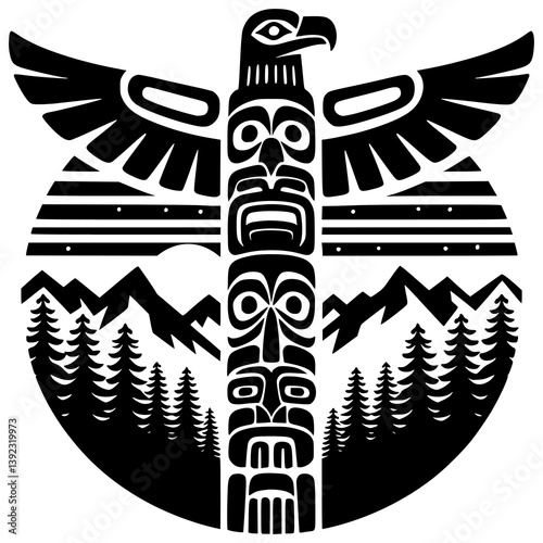 Native American Totem Symbol: Depicting intricate details, this graphic artwork showcases a traditional Native American totem pole, representing ancestral history, cultural heritage.
