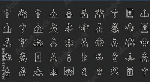 A collection of various christian icons displayed on a dark background in a simple line art style