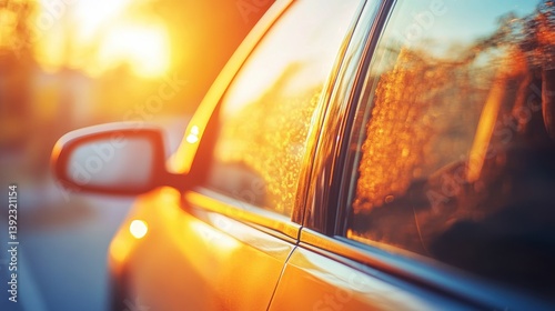 Sunset Reflection on Car Window with Warm Glow and Scenic Background