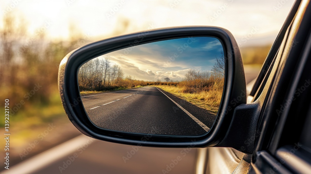 Reflection of a serene landscape in a car's side mirror during a sunset drive Reflection of a serene landscape in a car's side mirror during a sunset drive