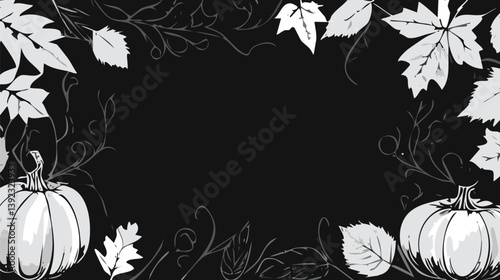 Halloween, black and white, leaves, line border, border around center, spooky, vintage, 1920s