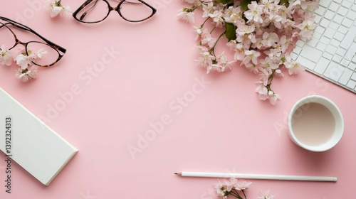 Flat Lay of Desk with Spring Blossoms and Computer Accessories on Pink