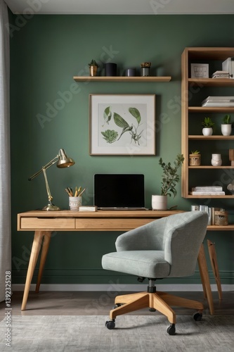 Interior of a modern home office with desk and shelving
