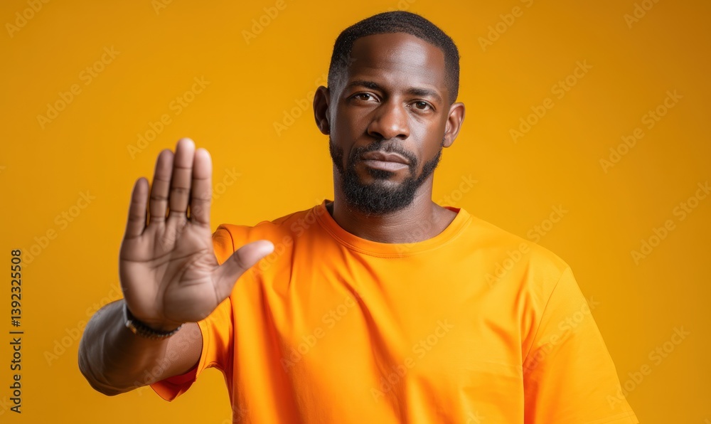Man making stop gesture on yellow background, social issue awareness