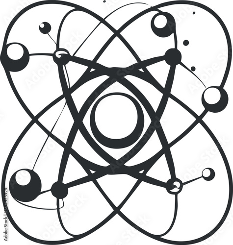 Stylized black and white illustration of an atomic structure with orbiting electrons.