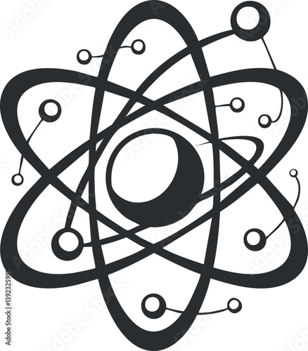 Black and white illustration of an atom with orbiting electrons, representing atomic structure.