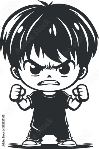 Monochrome cartoon illustration of an angry boy with fists raised in a bold stance.