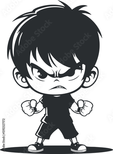 Black and white illustration of an angry cartoon boy with fists clenched in a dynamic pose.