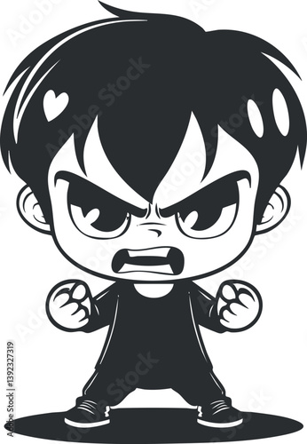 Monochrome cartoon character illustration of an angry boy with clenched fists and expressive face.
