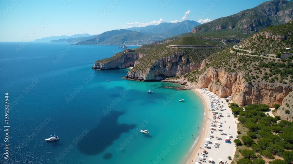 Fototapeta premium Photo of Falassarna in Greece at midday, with hot sunny summer weather, captured from above, highlighting the beach and the surrounding area.