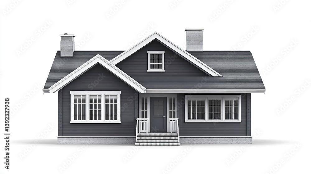 Compact gray ranch style house with front steps and chimneys Compact gray ranch style house with front steps and chimneys