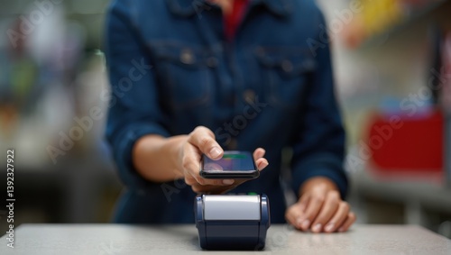 Payment power growth concept. A person using a mobile device to make a contactless payment at a checkout counter.