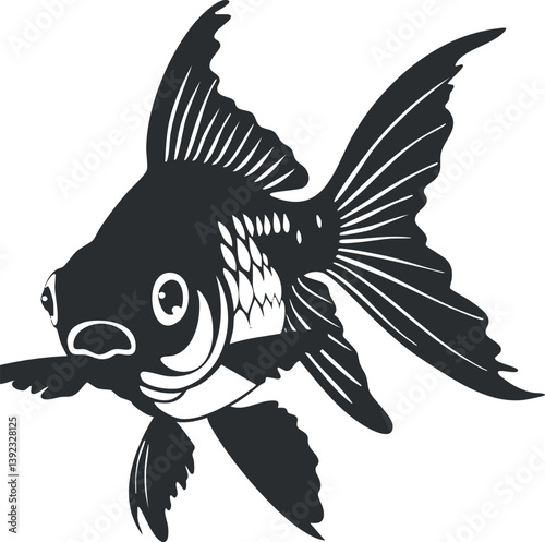 Black silhouette illustration of a goldfish with flowing fins and tail in a stylized design.