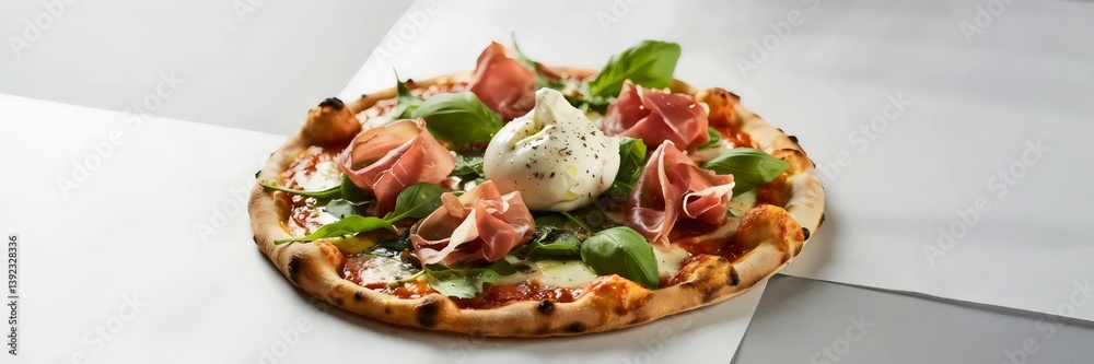 High-end pizza with prosciutto, burrata, and arugula on modern minimalistic background – Great for food blogs, restaurant branding, or luxury dining content. High-end pizza with prosciutto, burrata, and arugula on modern minimalistic background – Great for food blogs, restaurant branding, or luxury dining content.