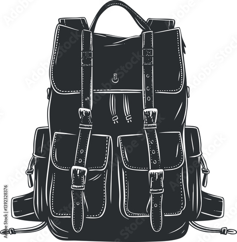 Monochrome illustration of a vintage leather backpack with multiple pockets and buckle straps.