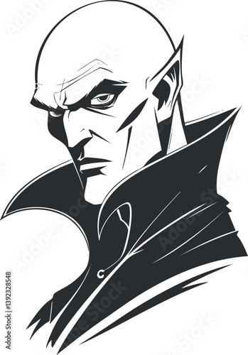 Black and white illustration of a vampire character with a sinister expression and pointed ears.
