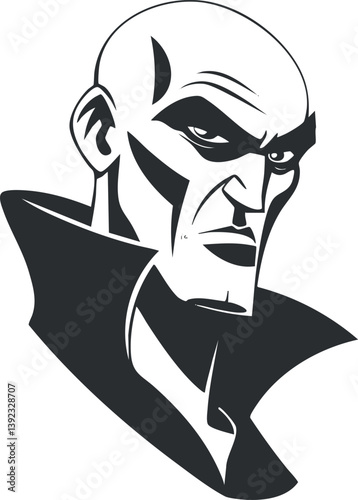 Stylized illustration of a bald villain character with a menacing expression in black and white.