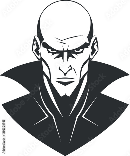 Bold black and white illustration of a villainous bald character with a stern expression.