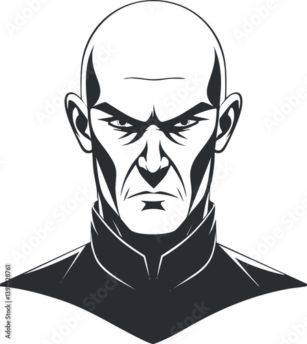 Monochrome illustration of a serious bald man with a stern expression and angular features.