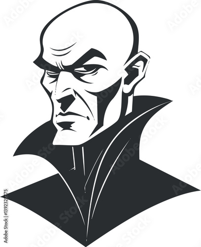 Stylized black and white illustration of a mysterious villainous character with a serious expression.