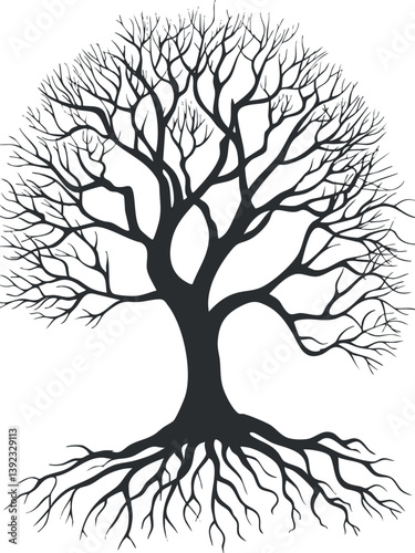 Black and white silhouette of a tree with detailed branches and roots forming a symmetrical design.