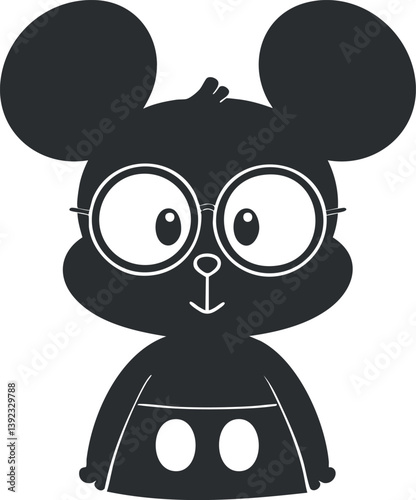 Black silhouette of a cute cartoon mouse with glasses, showcasing a playful and simple design.