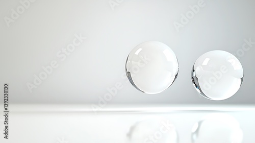 Two clear glass orbs float slightly above a reflective surface, with a bright white background