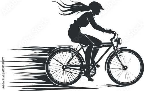Silhouette of a woman cycling fast on a bicycle, emphasizing motion and speed.