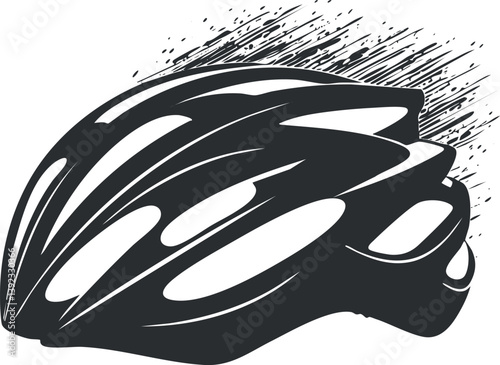 Stylized black and white illustration of a bicycle helmet emphasizing speed and aerodynamics.