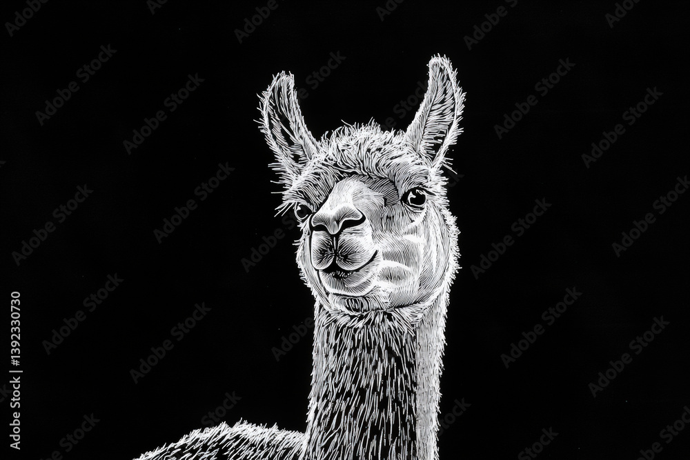 Obraz premium Monochrome Llama Portrait on Black. An artistic, monochrome portrait of a llama is set against a stark black backdrop, highlighting its expressive features.