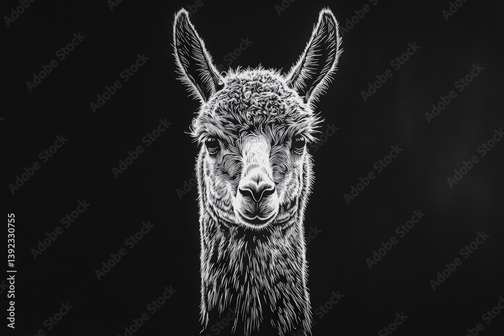 Obraz premium Intricate Pen and Ink Llama Portrait. A detailed pen and ink illustration features a llama's face, highlighted against a black backdrop, capturing the animal's inquisitive gaze.