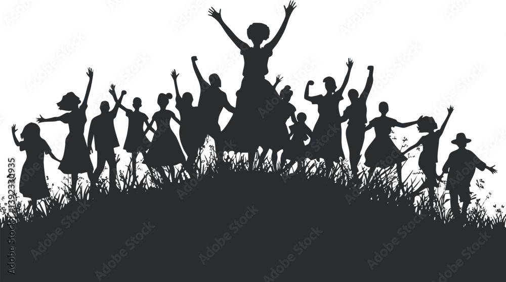 Silhouette of a joyful group jumping and celebrating on a grassy hilltop in nature.