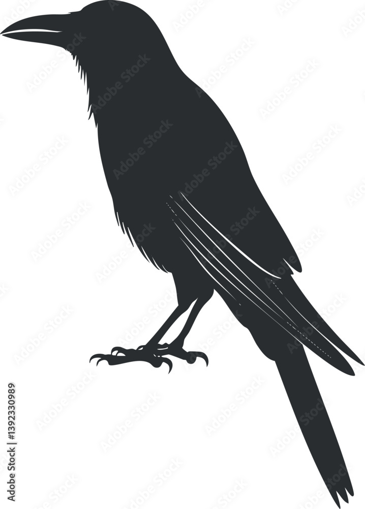 Naklejka premium Silhouette of a raven in profile view showcasing detailed feathers and beak.