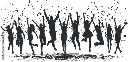 Silhouettes of people jumping in celebration, showcasing joy and enthusiasm in a dynamic scene.