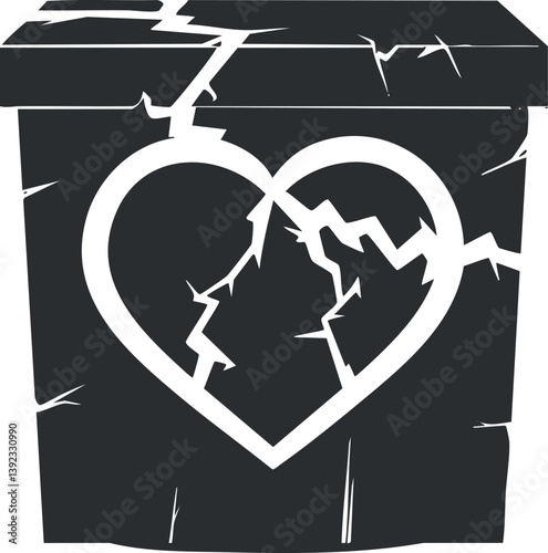 Illustration of a cracked heart-shaped design on a box, symbolizing broken emotions or love.