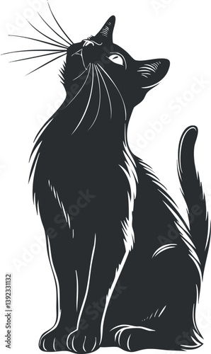 Black cat silhouette vector illustration with elegant lines and upward gaze.