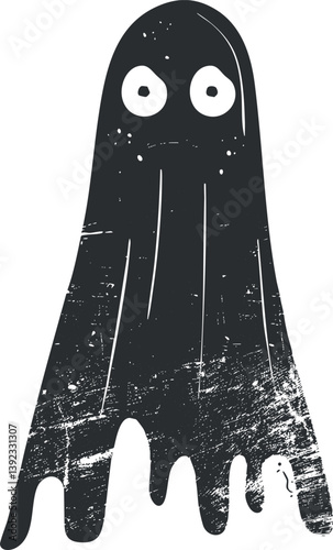 Simple cartoon ghost illustration with a textured black and white design, featuring wide eyes.