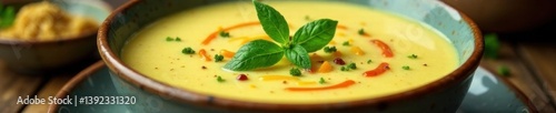Creamy soup, vibrant green herbs, artfully arranged, subtle spice accents, delicious, texture