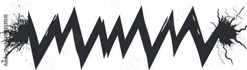 Abstract black zigzag pattern with ink splatters on white background, showcasing dynamic design.