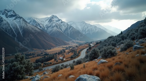 Aerial view of Psiloritis in Greece at midday with mild, rainy winter conditions.