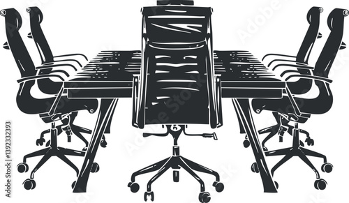 Black and white illustration of a boardroom with a conference table and chairs setup.