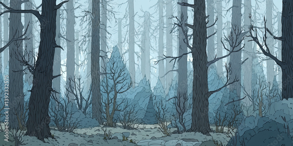 Naklejka premium Spooky dark forest, eerie woodland trees, mysterious night-time woods, moody atmosphere illustration background