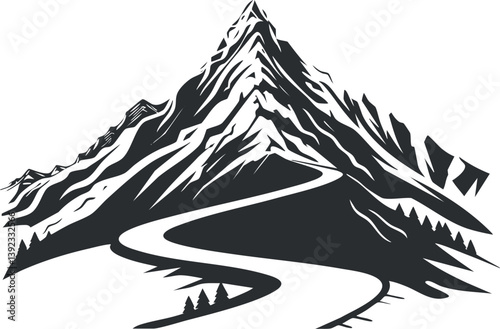 Black and white illustration of a mountain with a winding path and snowy peaks.