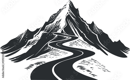 Minimalist black and white illustration of a winding road leading up a mountain.