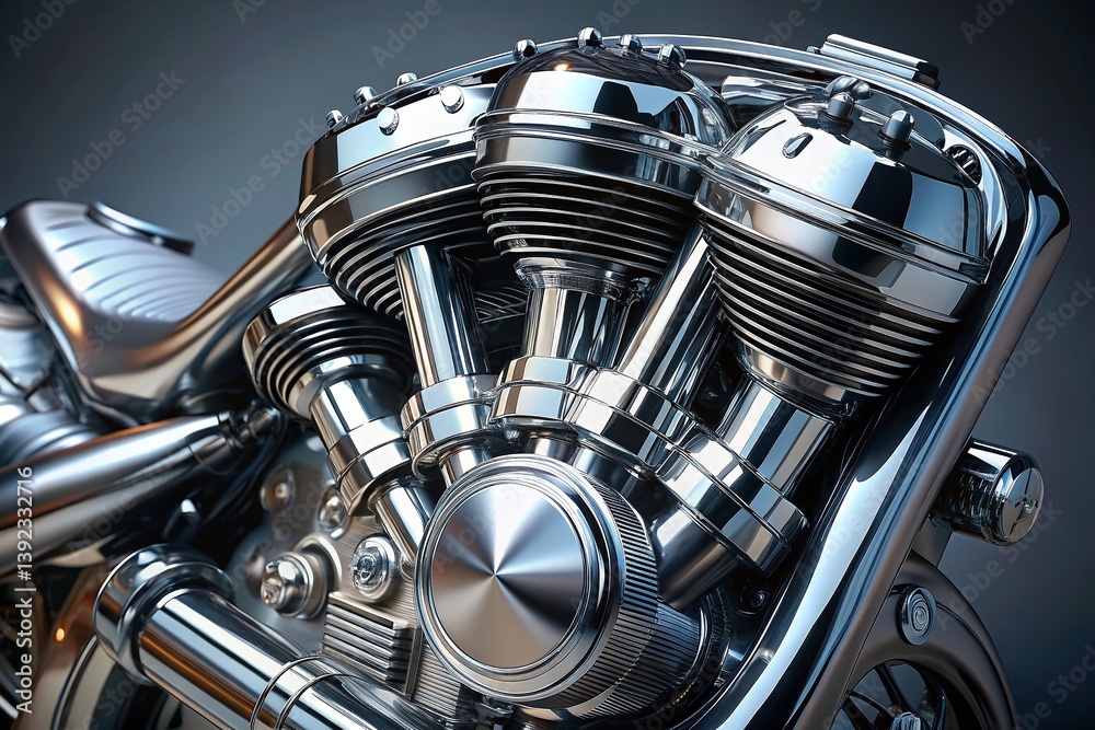 Gleaming Chrome Twin-Piston Motorcycle Engine Stock Photo Gleaming Chrome Twin-Piston Motorcycle Engine Stock Photo