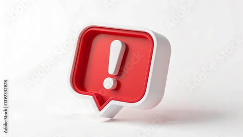 Red speech bubble icon with white exclamation mark on white background. Created with Ai