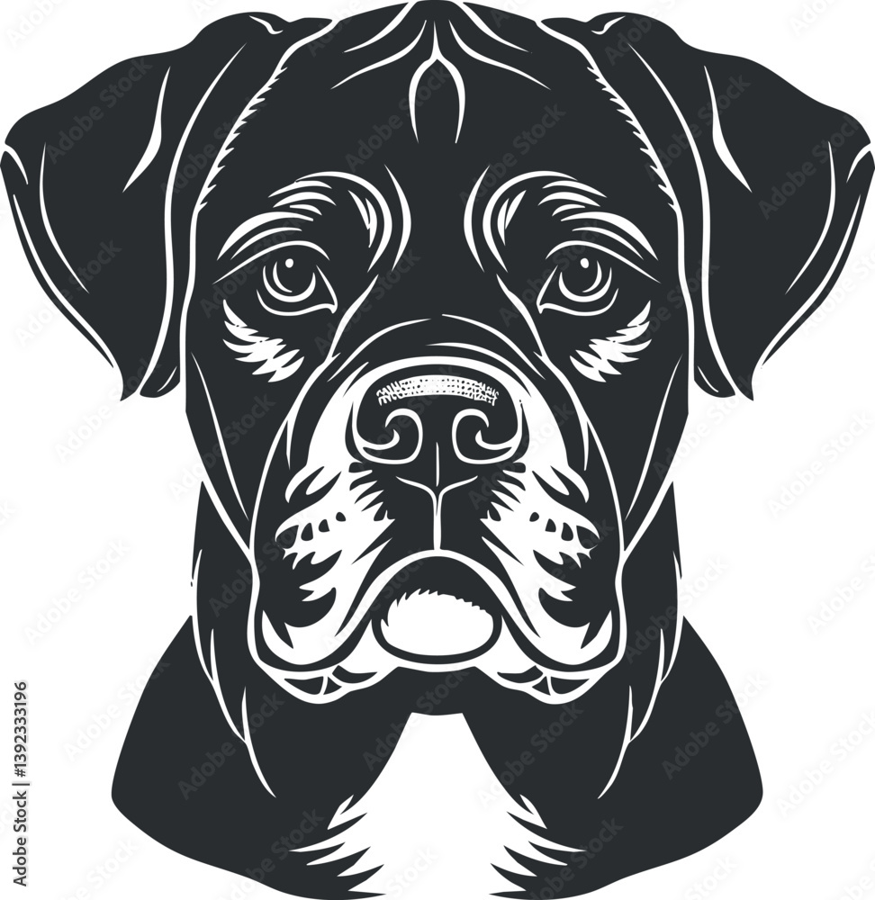 Monochrome vector illustration of a dog's head with detailed features and expressive eyes. Monochrome vector illustration of a dog's head with detailed features and expressive eyes.