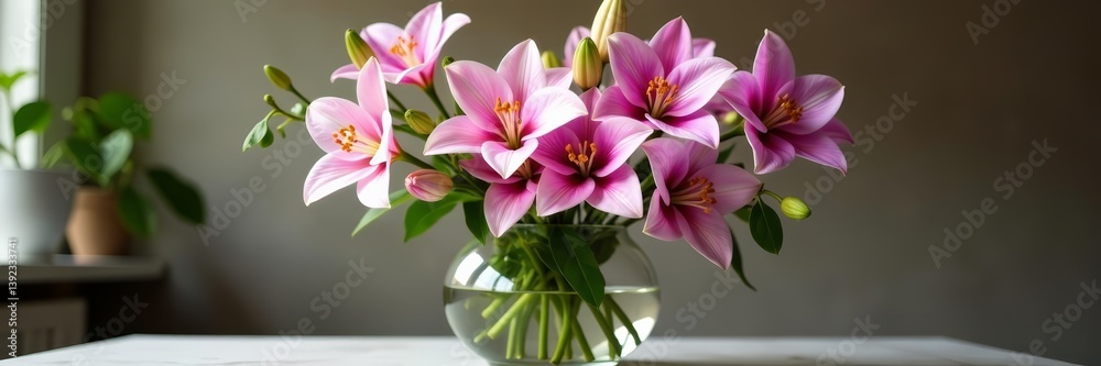 Elegant arrangement of lilies and orchids in crystal vase with soft lighting, flowers, still life, elegant