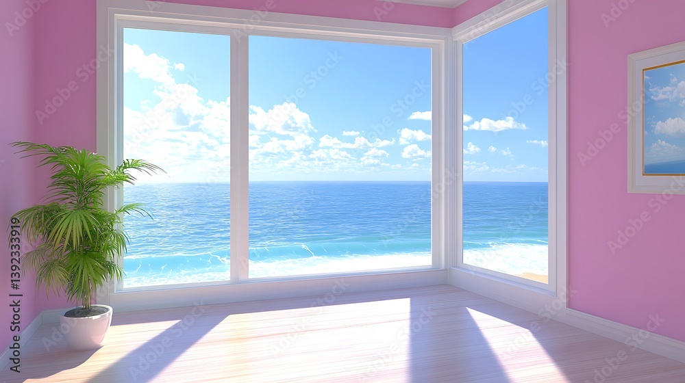Interior view showing ocean through large windows on sunny day