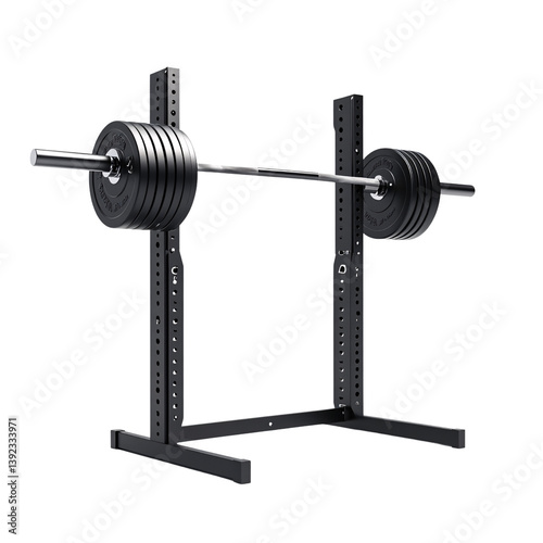 Heavy barbell with weight plates on a squat rack in a gym, showcasing strength training and fitness equipment for bodybuilding and powerlifting